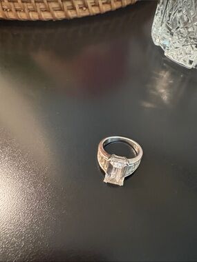 Silver Tone Ring with Emerald-Cut Clear Stone